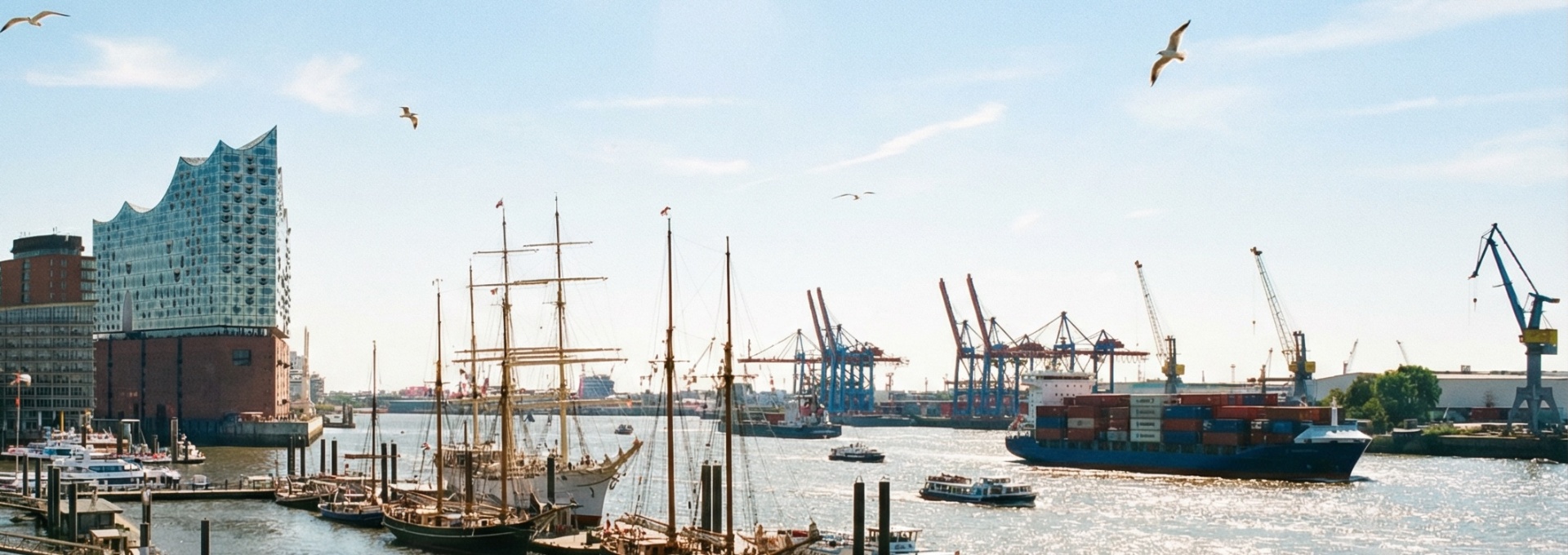 Hamburger Hafen mit Elbphilharmonie und Containerkränen